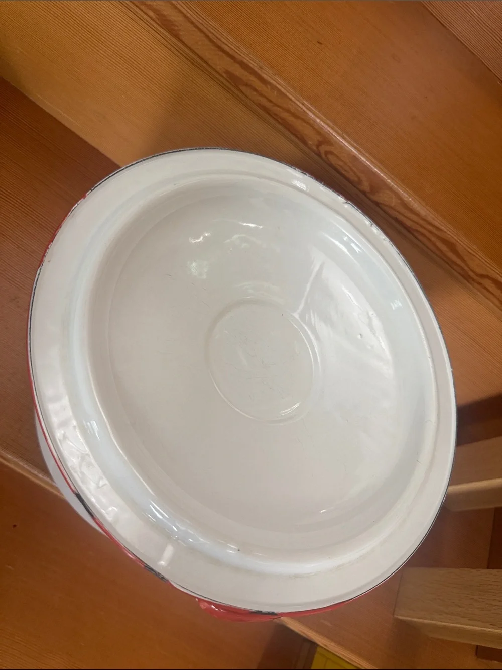 VTG Large White Enamelware Stock Pot & Lid with Red Trim